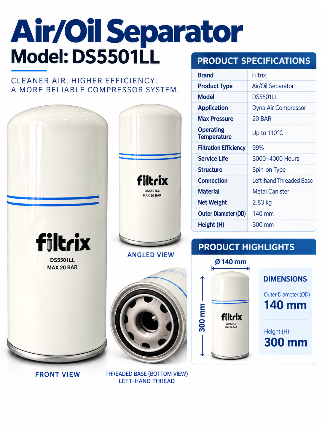ไส้กรองแยกน้ำมันออกจากลมอัด Filtrix DS5501LL (Air/Oil Separator) 20 Bar - Image 2